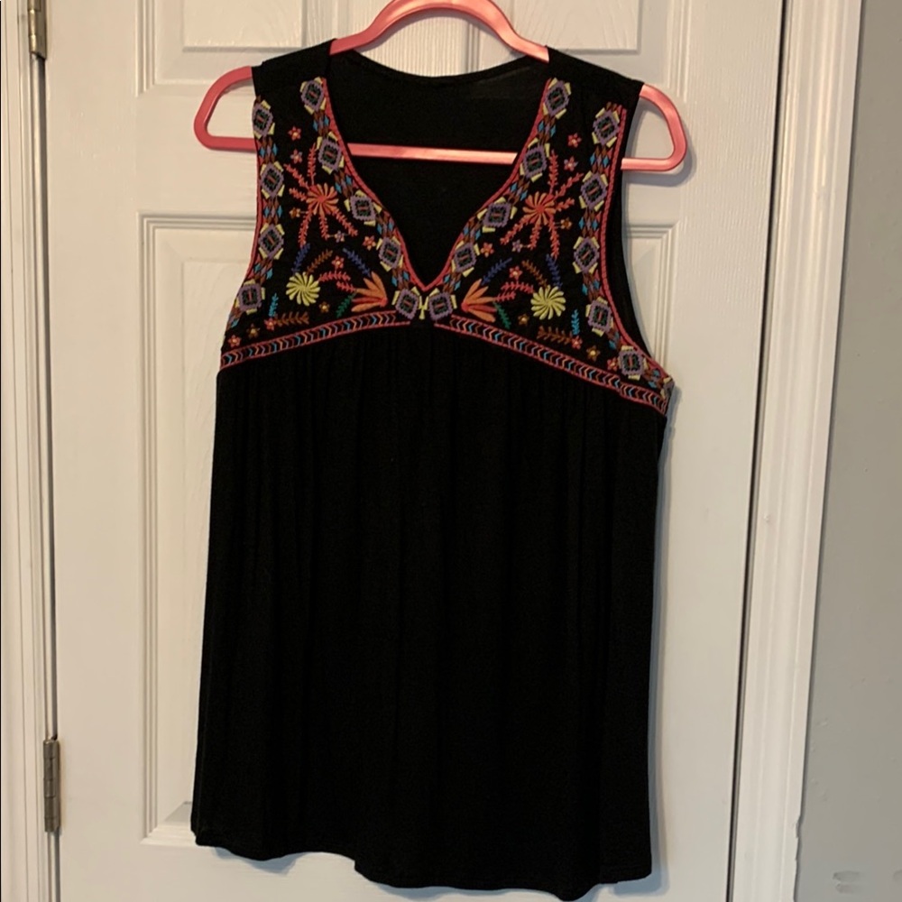 Embroidered Black Sleeveless Top